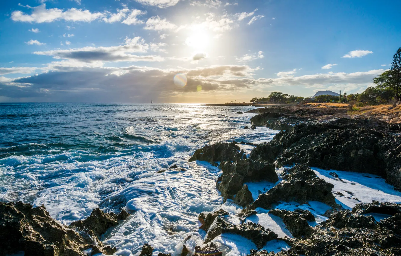 Фото обои небо, солнце, облака, океан, побережье, горизонт, Гавайи, США