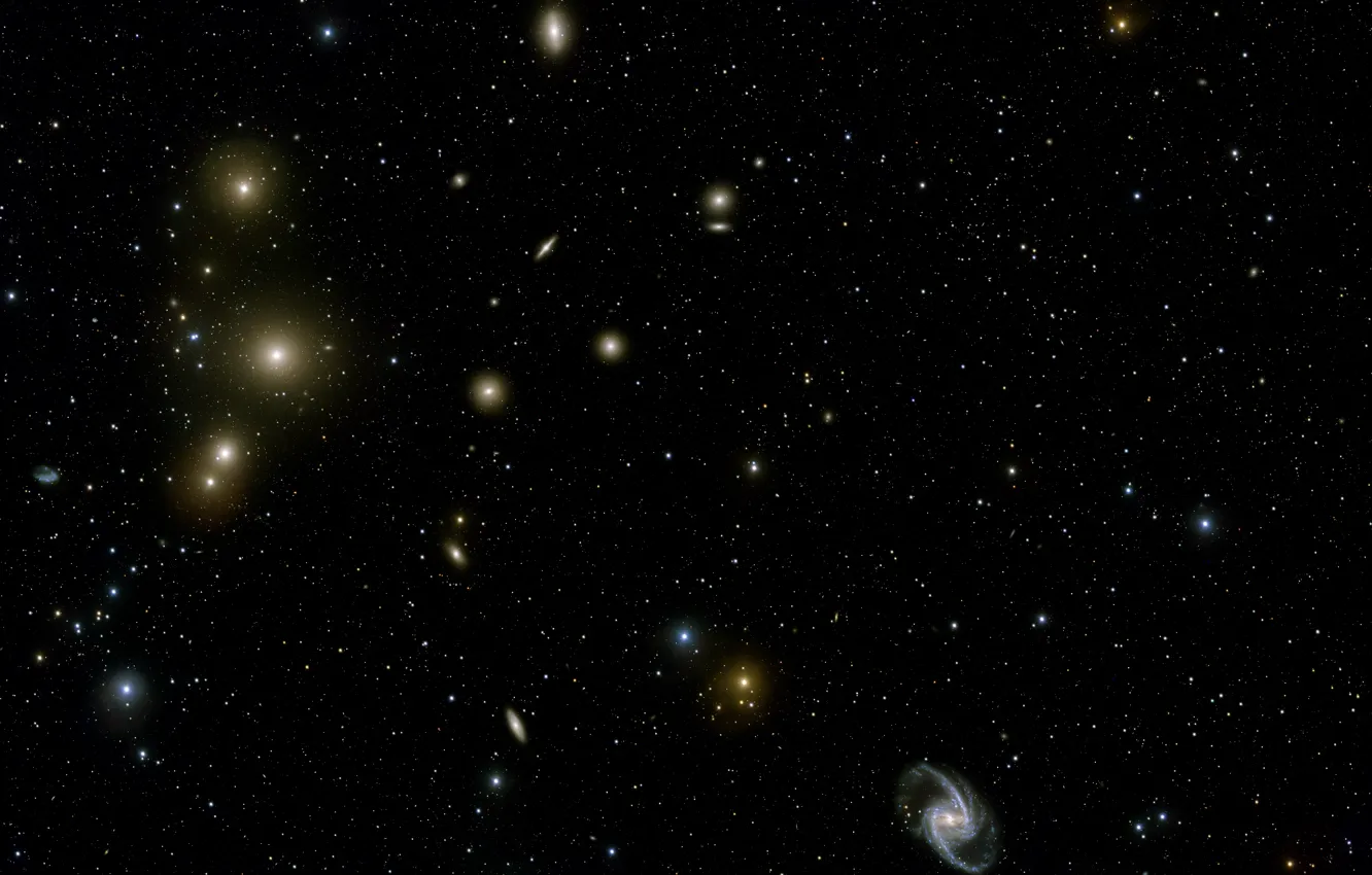 Фото обои Constellation Fornax, The Fornax Galaxy Cluster, VLT Survey Telescope, NGC 1399, NGC 1365, Local Group …