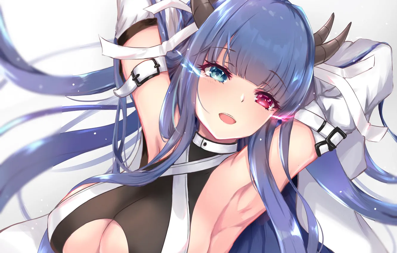 Фото обои girl, sexy, cleavage, blouse, horns, long hair, boobs, anime