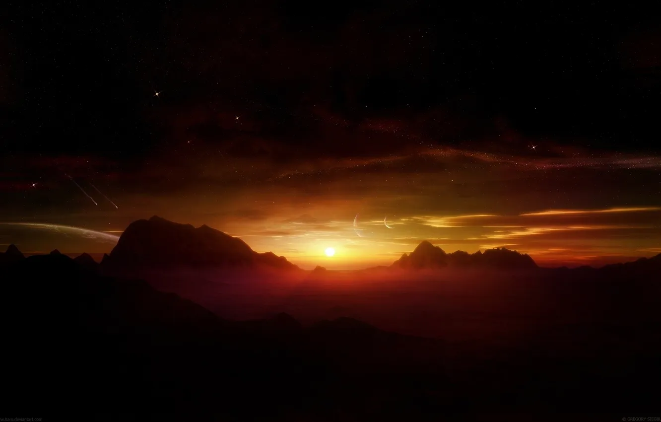 Фото обои горы, фантастика, ораньжеый закат