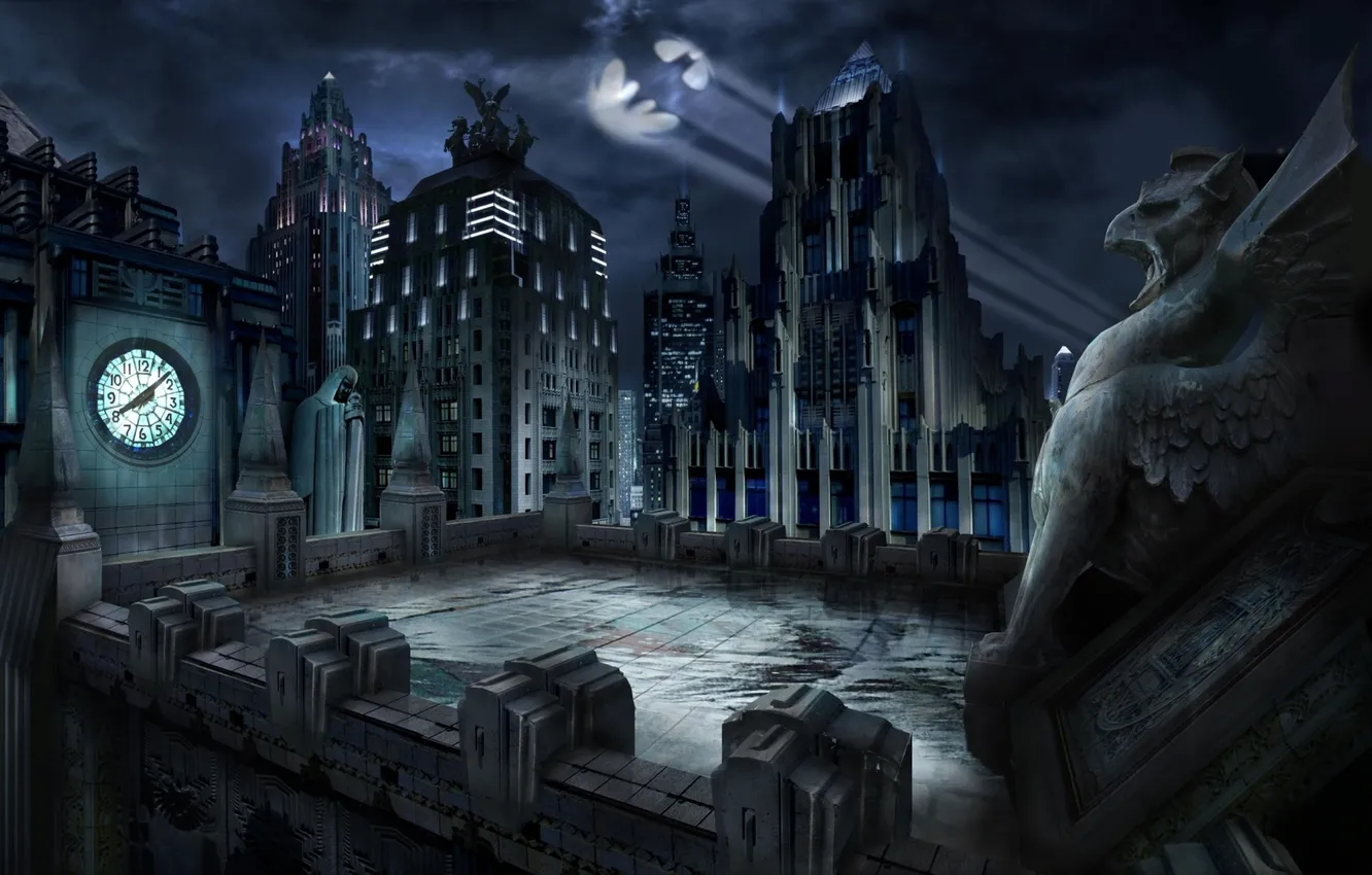 Фото обои крыша, ночь, здания, Batman, Гаргулья, Gotham City