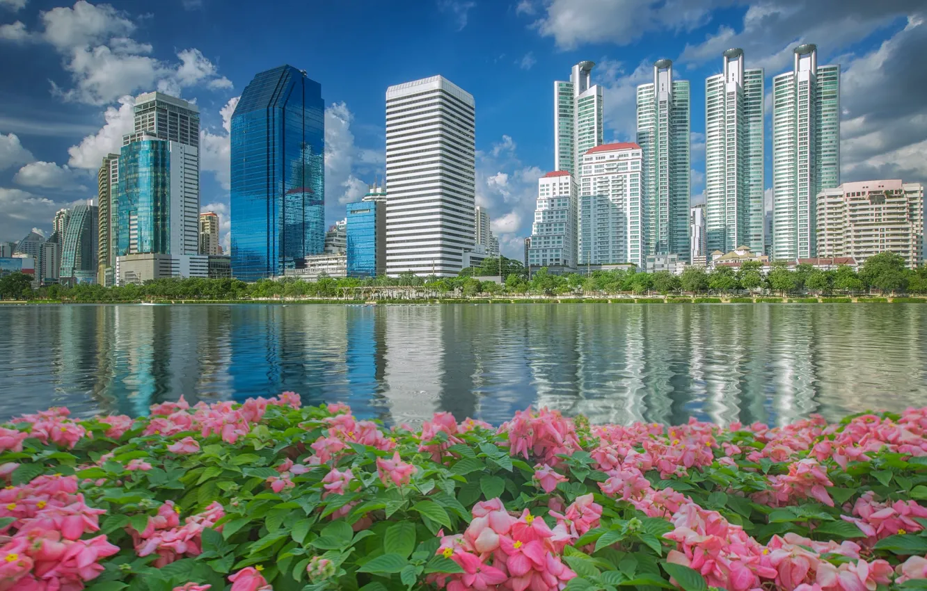Фото обои вода, цветы, здания, Таиланд, Бангкок, Thailand, набережная, небоскрёбы