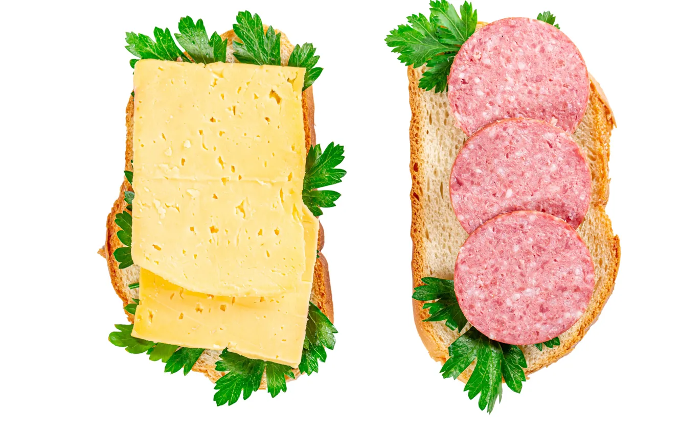 Фото обои сыр, белый фон, колбаса, бутерброды