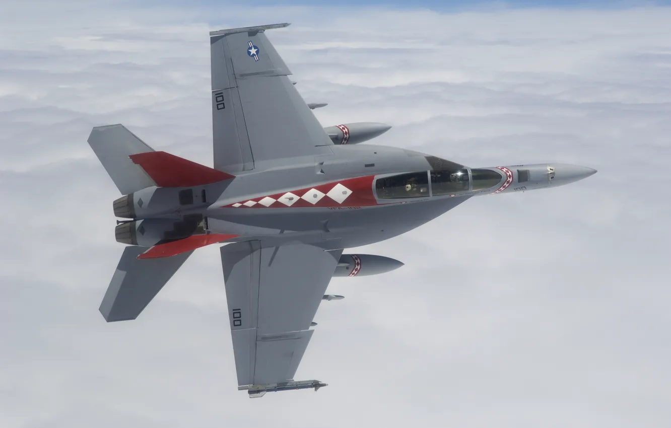 Фото обои небо, облака, истребитель, Super Hornet, F-18, палубный