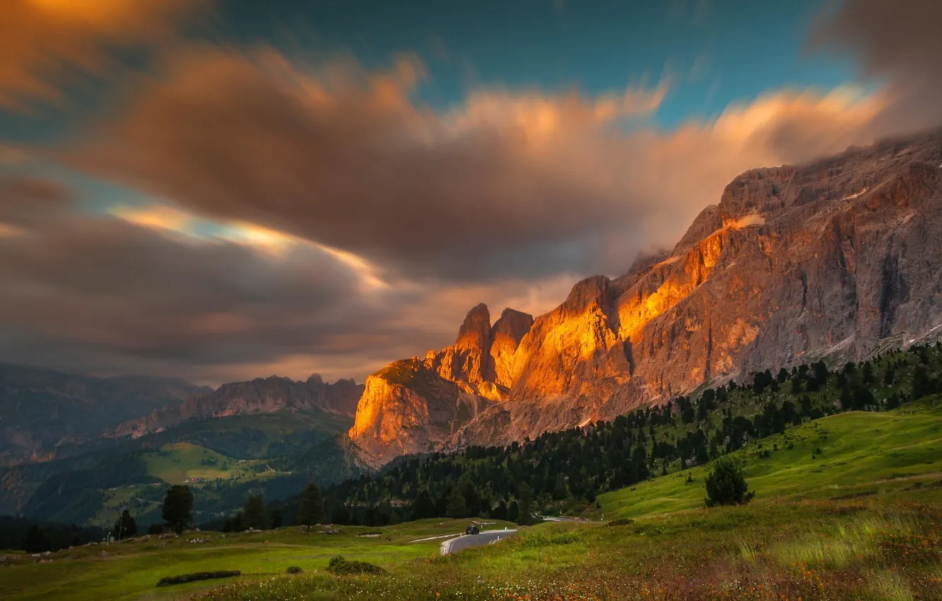Фото обои rock, grass, trees, mountains, clouds, hills