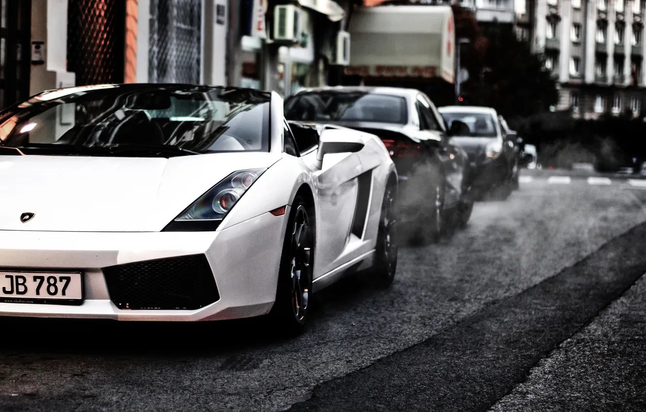 Фото обои белый, audi, улица, Lamborghini, пар, white, Gallardo, кабриолет