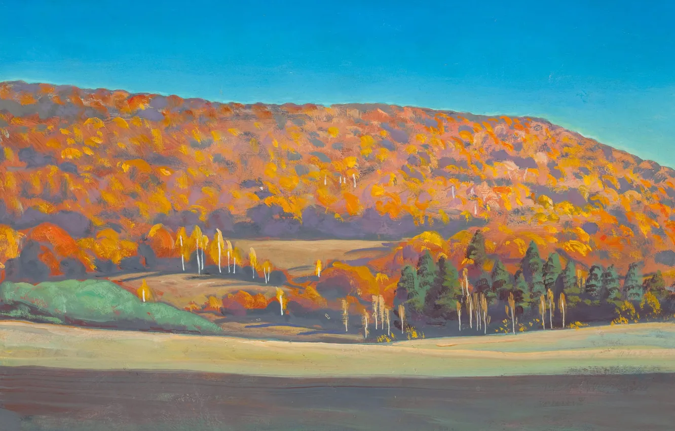 Фото обои осень, лес, горы, картина, Rockwell Kent, Рокуэлл Кент, Адирондакский Пейзаж