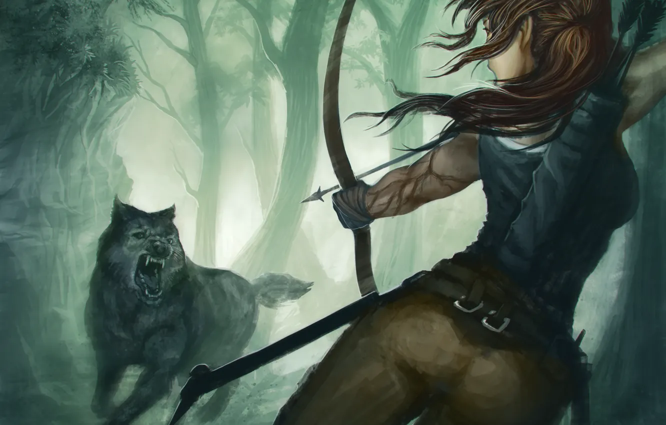Фото обои девушка, игра, волк, хищник, лук, арт, пасть, Tomb Raider