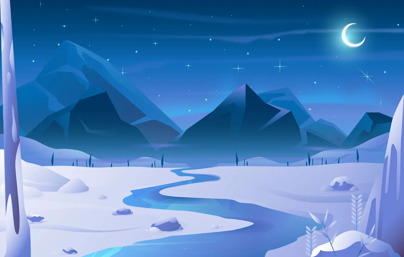 Фото обои зима, небо, звезды, снег, деревья, пейзаж, горы, ночь