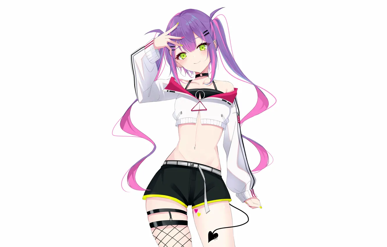 Фото обои girl, sexy, shorts, blouse, thighhighs, pink hair, long hair, anime