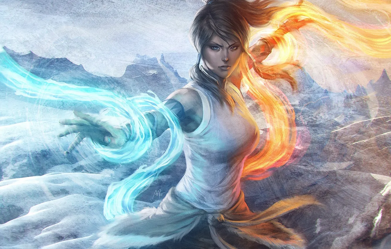 Фото обои вода, девушка, горы, огонь, стихия, магия, арт, avatar