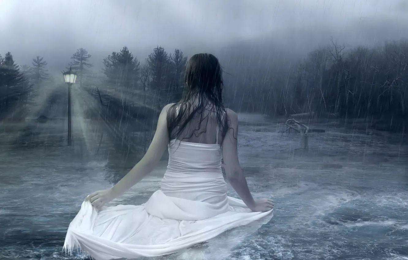Фото обои лес, девушка, дождь, мокрая, наводнение, фонарь