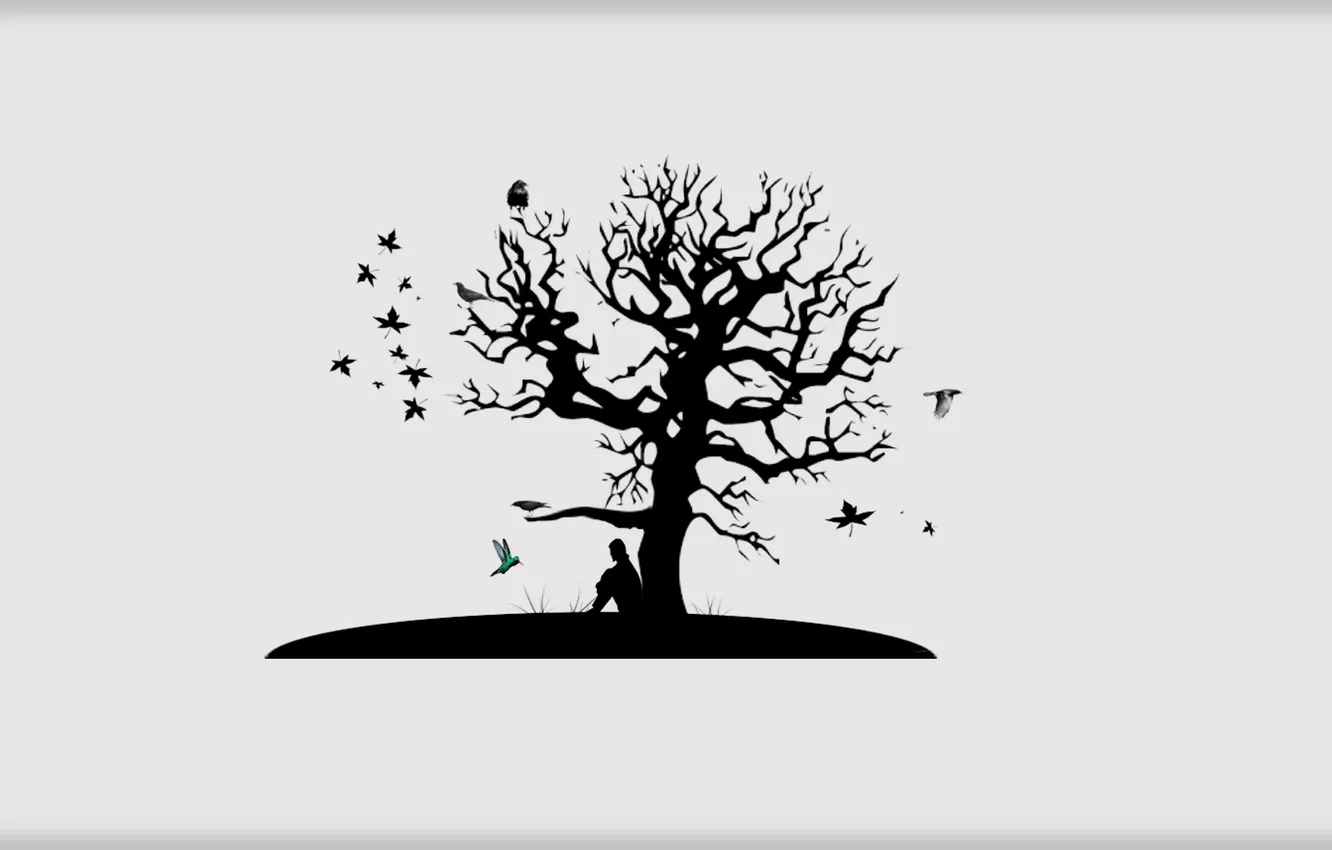 Фото обои Минимализм, Дерево, Листья, Грусть, Птицы, Черно-белое