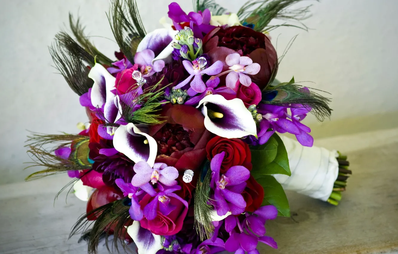 Фото обои цветок, цветы, розы, букет, стразы, орхидеи, орхидея, пион