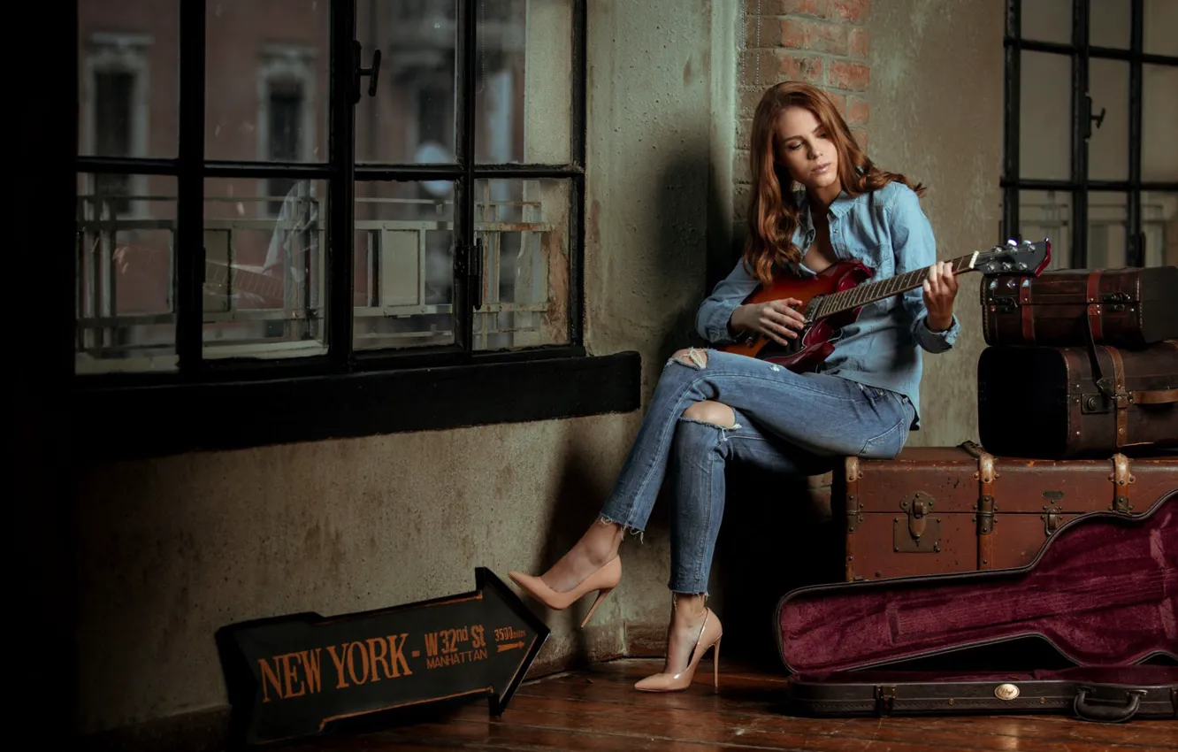 Фото обои Girl, play, guitar, photo, window, jeans, interior, floor