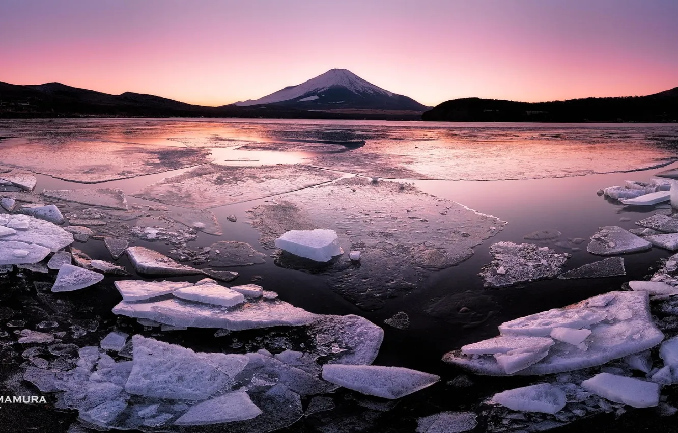 Фото обои закат, лёд, Japan, photographer, Kenji Yamamura, Lake Yamanaka