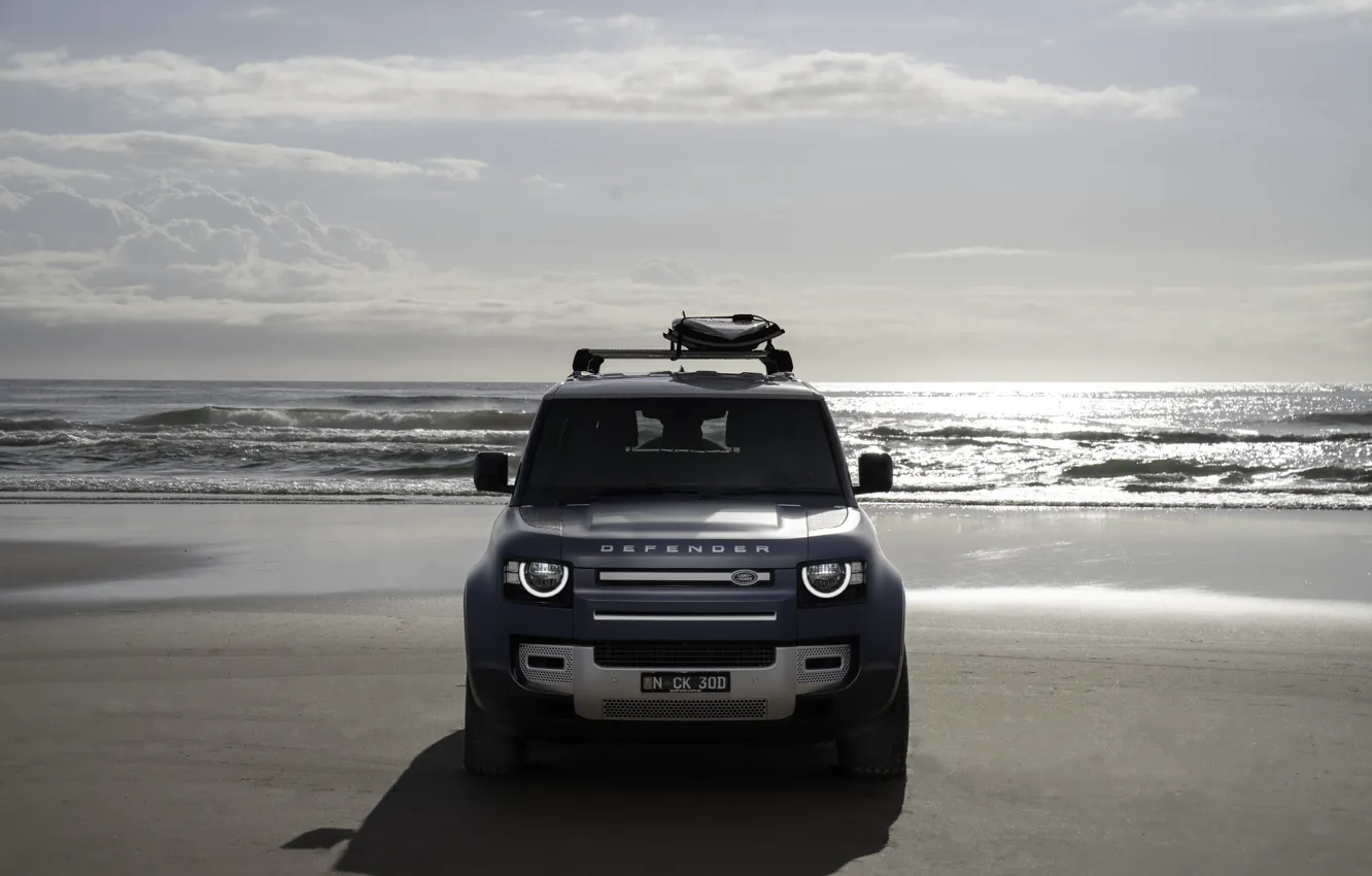 Фото обои car, Land Rover, sea, front, Defender, Land Rover Defender 90 Pacific Blue Edition