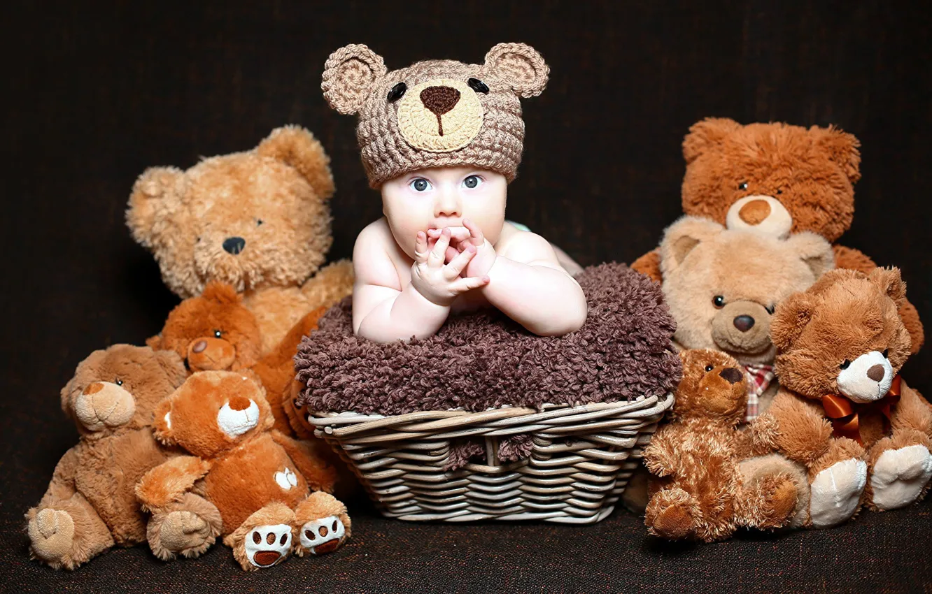 Фото обои шапка, игрушки, мальчик, малыш, мишутка