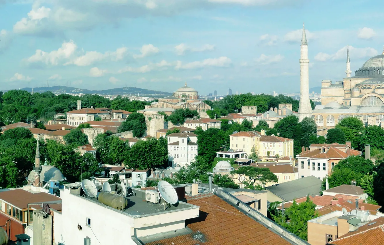 Фото обои город, здания, собор, Стамбул, Айя София, ПАНОРАМА