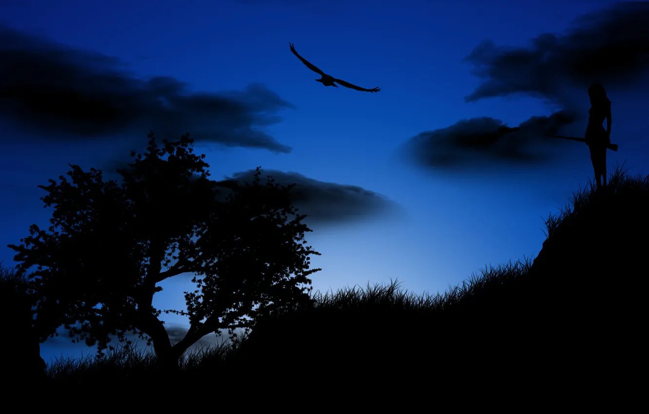 Фото обои девушка, ночь, дерево, птица, орел, силуэт, ружье