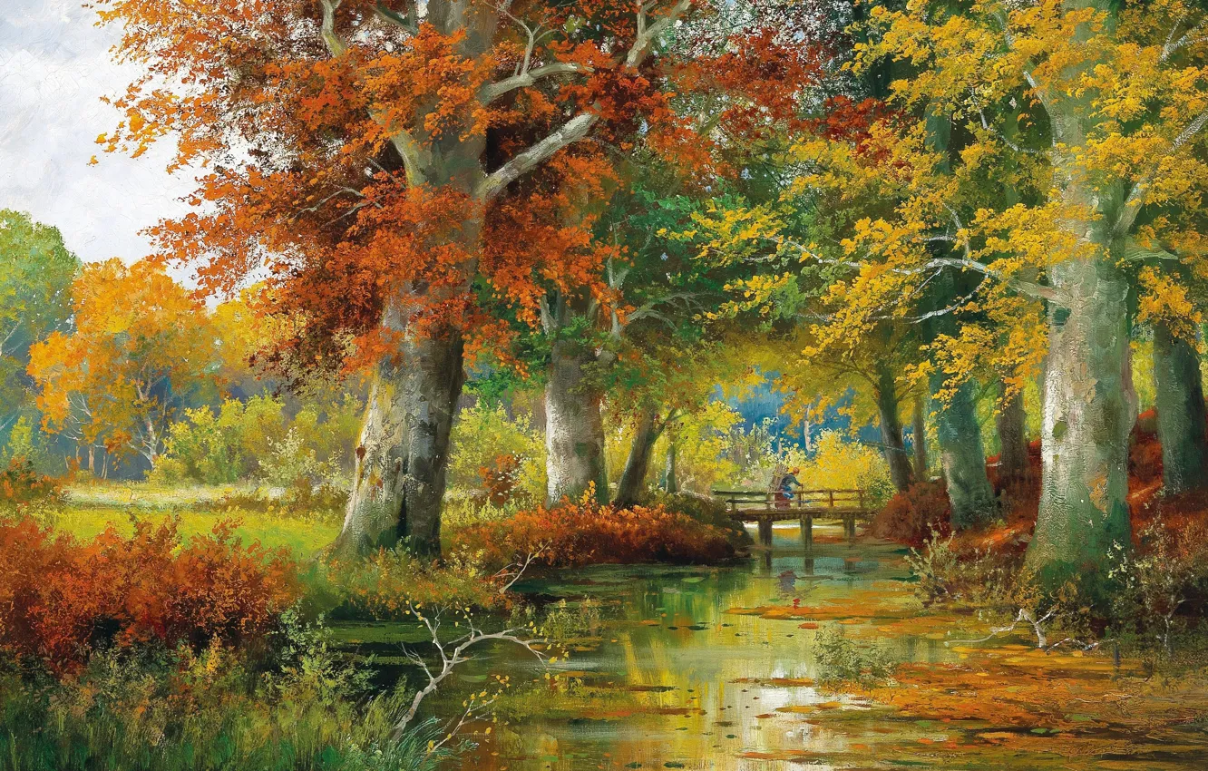 Фото обои Alois Arnegger, Осенний пейзаж, Austrian painter, Autumn Landscape, австрийский живописец, oil on canvas, Алоис Арнеггер