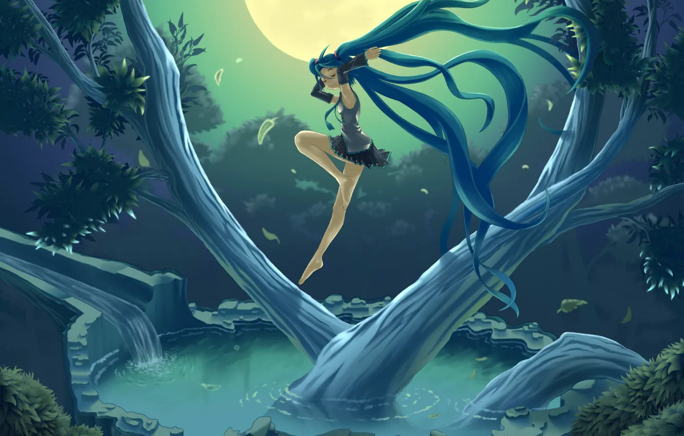 Фото обои небо, вода, девушка, ночь, природа, дерево, луна, арт