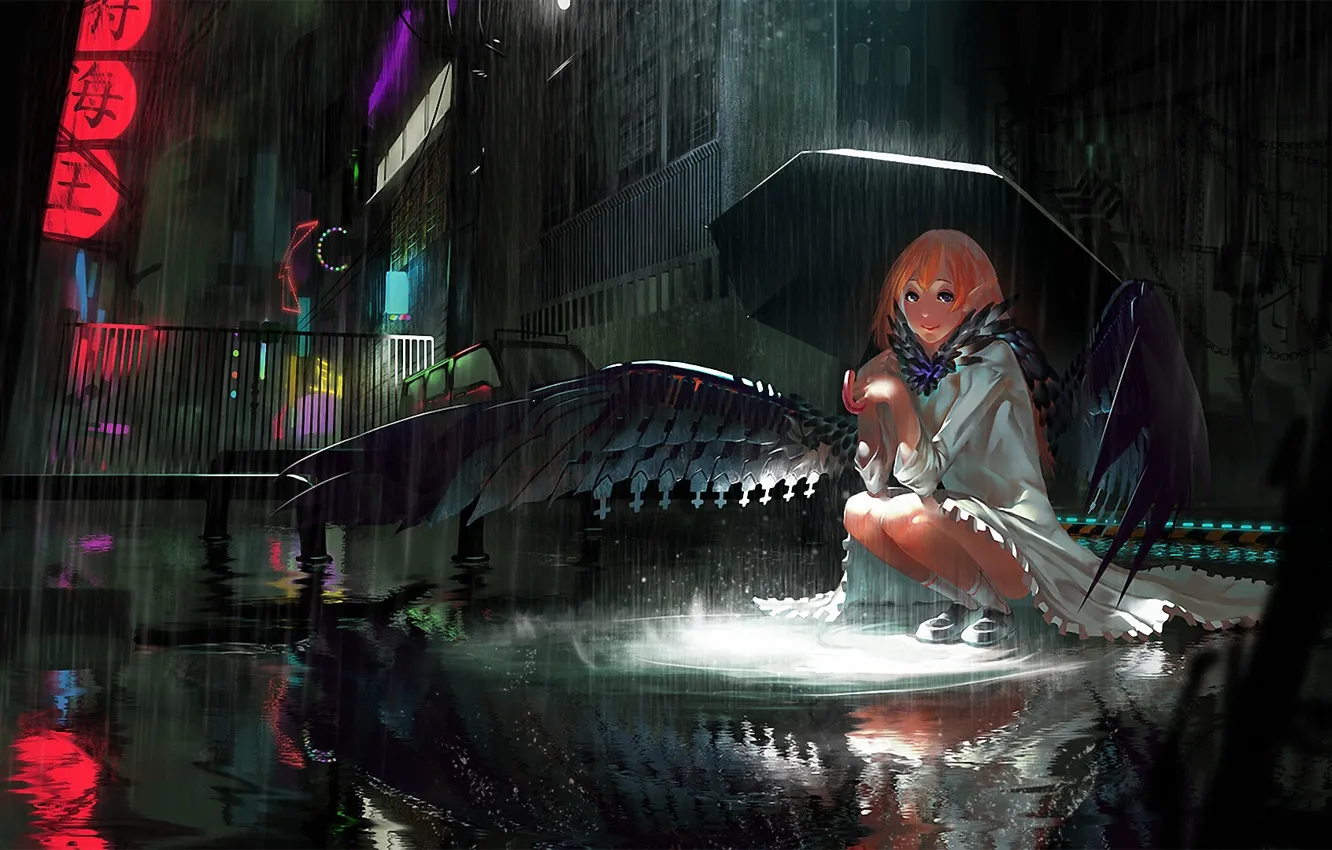 Фото обои девушка, ночь, город, дождь, улица, крылья, зонт, арт