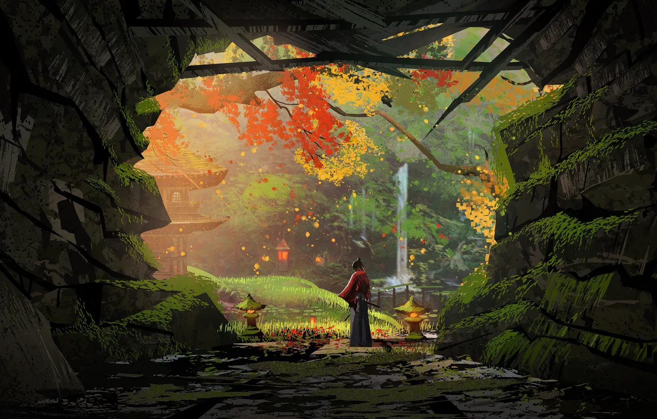 Фото обои japan, nature, art, autumn, leafs, waterfall, samurai, cave