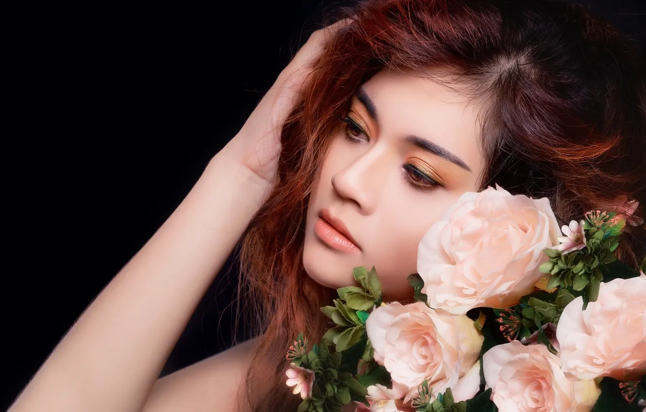 Фото обои цветы, лицо, волосы, портрет, розы, макияж, азиатка