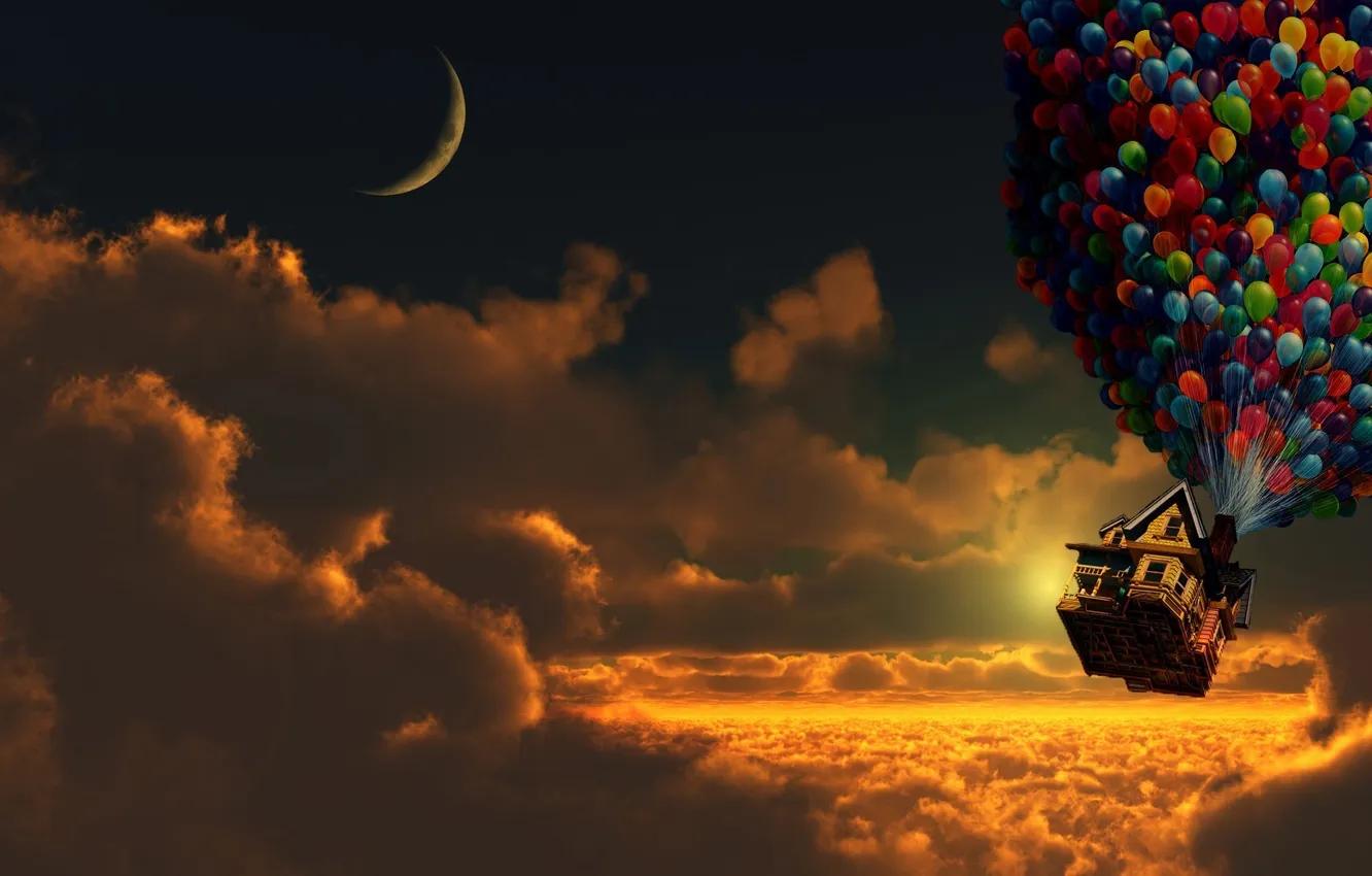 Фото обои облака, шарики, дом, луна, вверх, Moon, Pixar, clouds