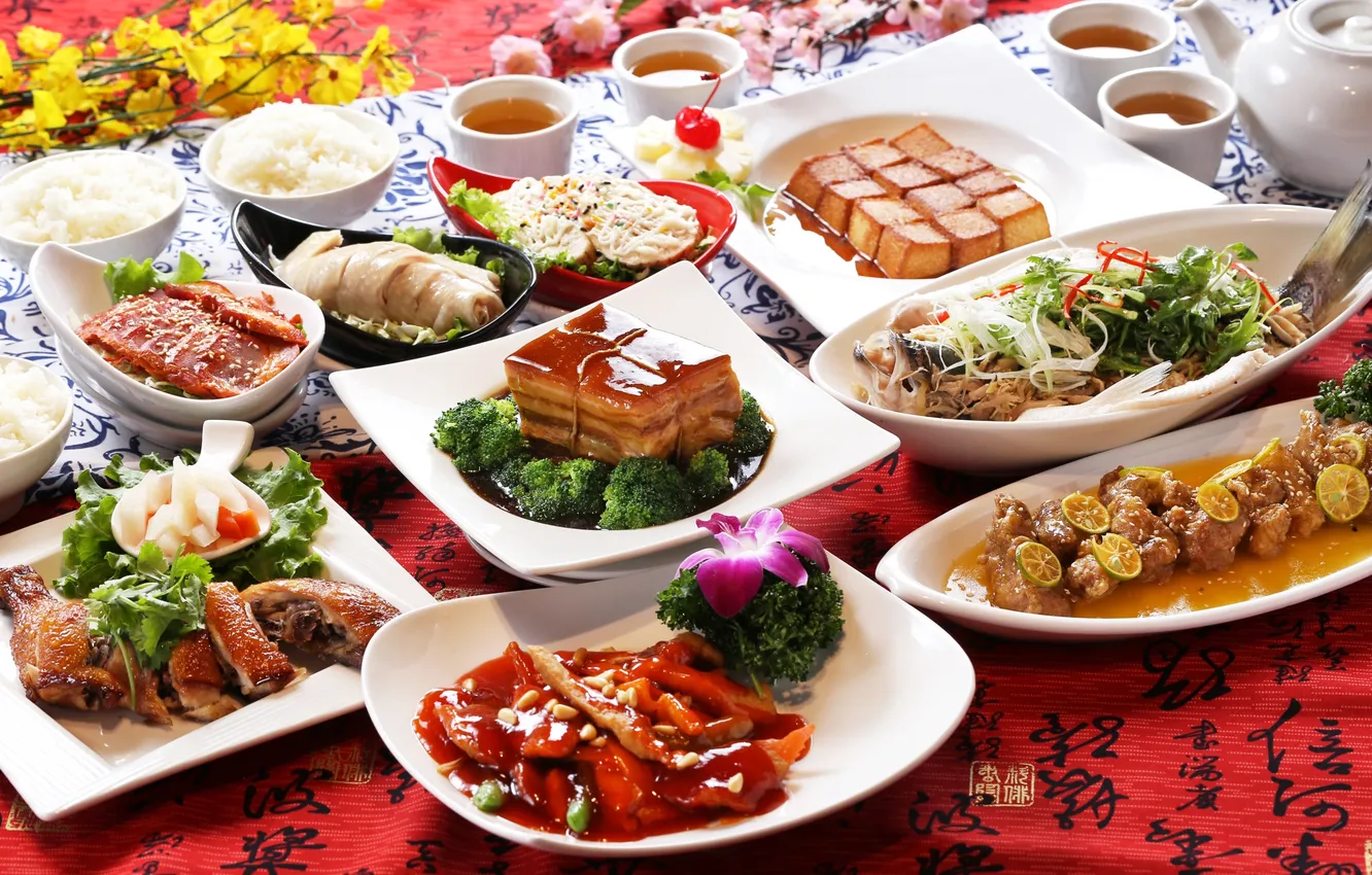 Фото обои зелень, чай, мясо, морепродукты, tea, сервировка, meat, Seafoods