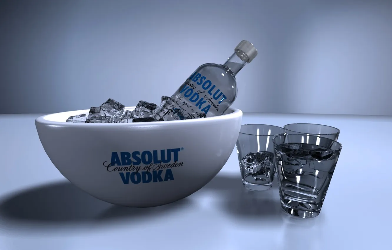 Фото обои бутылка, лёд, алкоголь, стаканы, абсолют, водка, 1920x1080, ABSOLUT