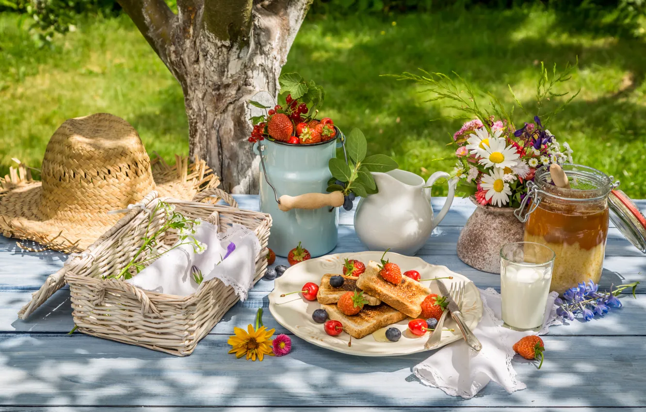 Фото обои лето, ягоды, завтрак, мед, honey, fresh, лужайка, тосты