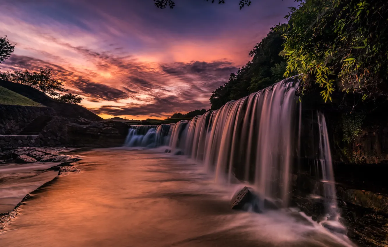 Фото обои река, рассвет, водопад, утро, Япония, каскад, Чёрный водопад