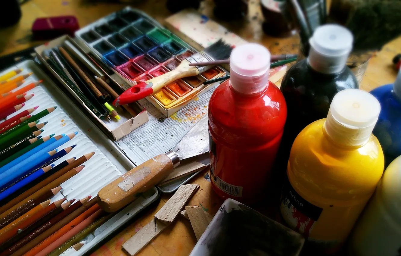 Фото обои краска, карандаши, акварель, художник, инструменты, ручки, живопись, творчество