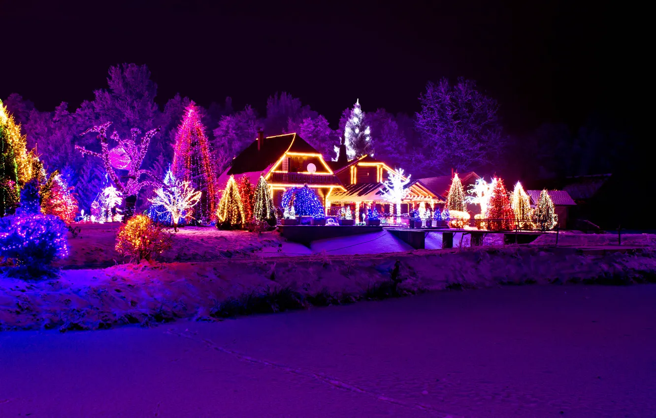 Фото обои зима, снег, ночь, природа, город, огни, новый год, рождество