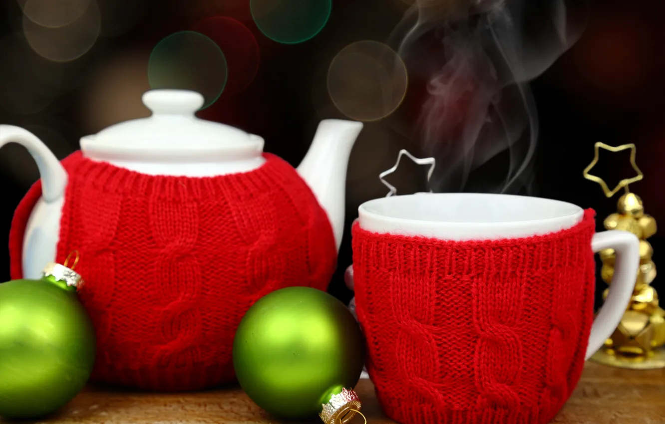 Фото обои украшения, шары, чай, Новый Год, чайник, Рождество, чашка, happy
