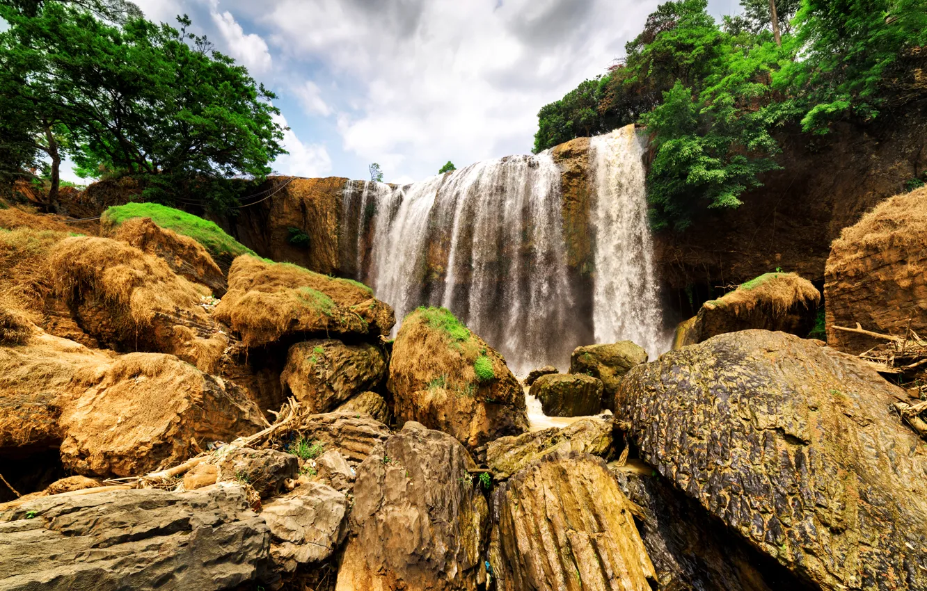 Фото обои деревья, скала, парк, камни, водопад, мох, Вьетнам, Dalat