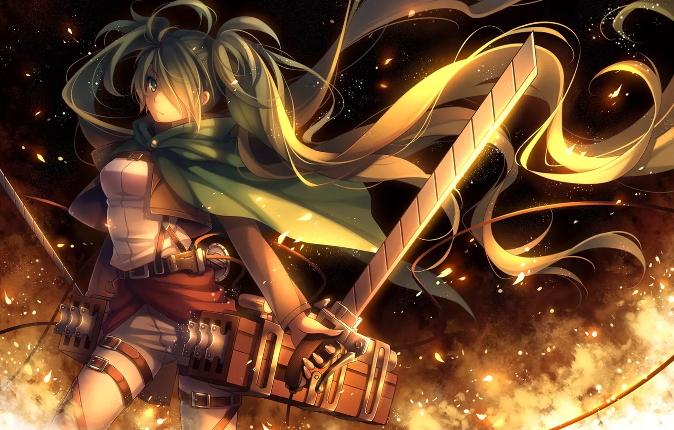 Фото обои взгляд, девушка, оружие, огонь, солдат, форма, vocaloid, hatsune miku