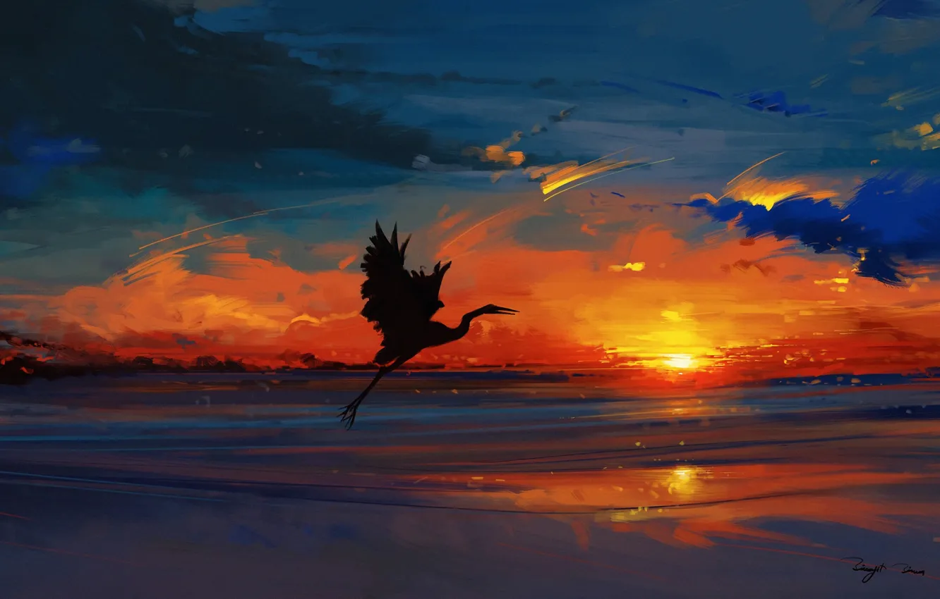 Фото обои sky, sea, landscape, nature, bird, sunset, water, art