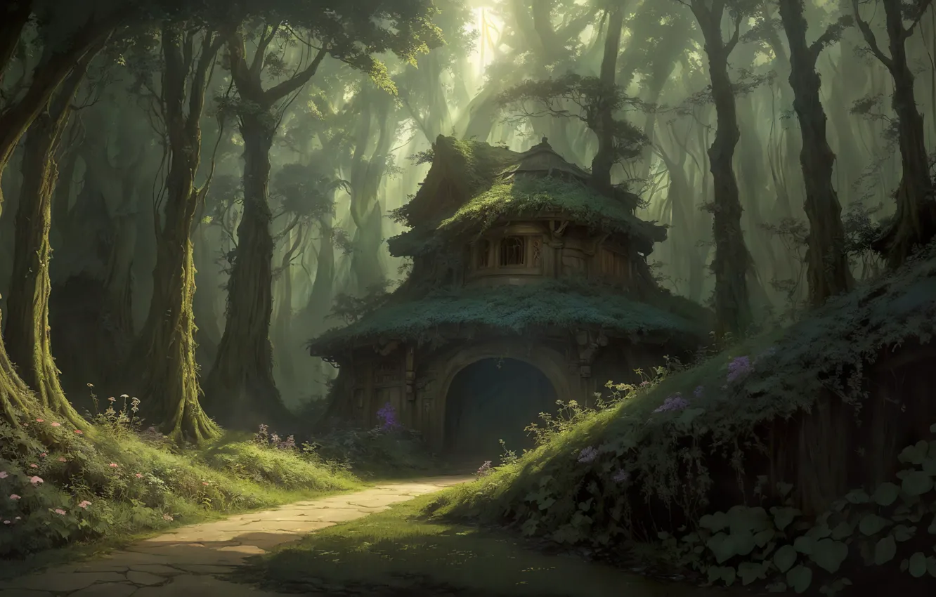 Фото обои forest, landscape, art, pathway, digital art, fantasy art, mysterious, hut