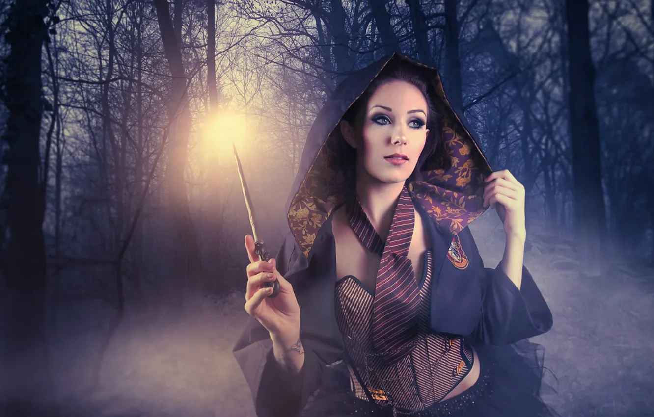 Фото обои Girl, Night, Fog, Forest, C0NN0R, CONNOR