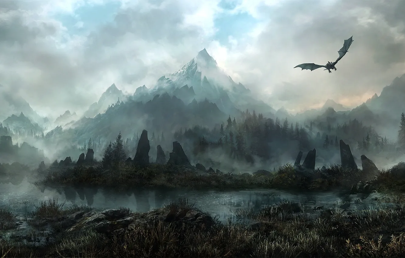 Фото обои лес, горы, туман, камни, дракон, арт, deviantart, JonasDeRo