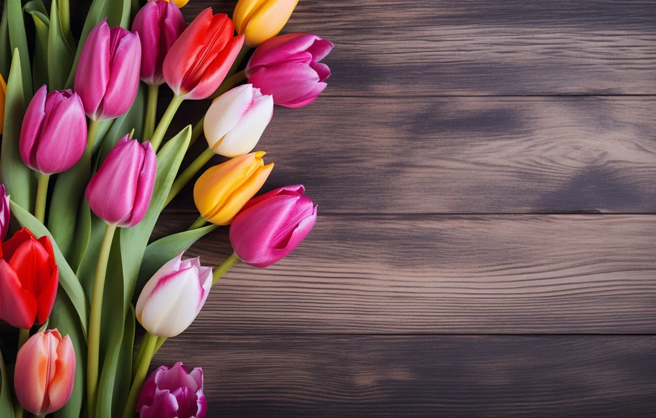 Фото обои цветы, букет, colorful, тюльпаны, wood, flowers, tulips, spring