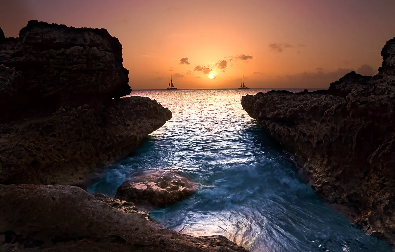 Фото обои закат, океан, скалы, яхта, Washington