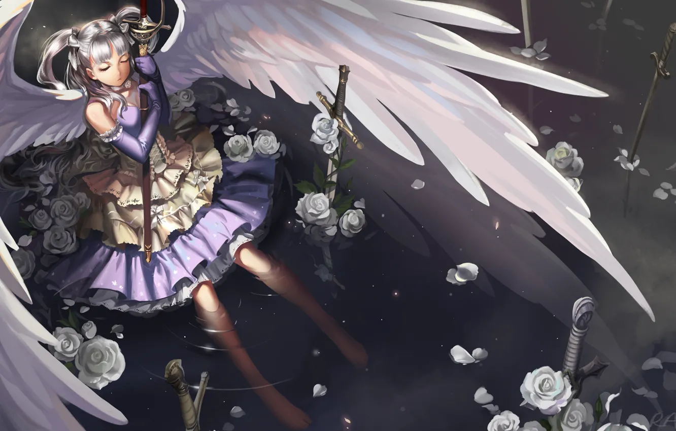 Фото обои вода, девушка, цветы, оружие, крылья, ангел, меч, платье