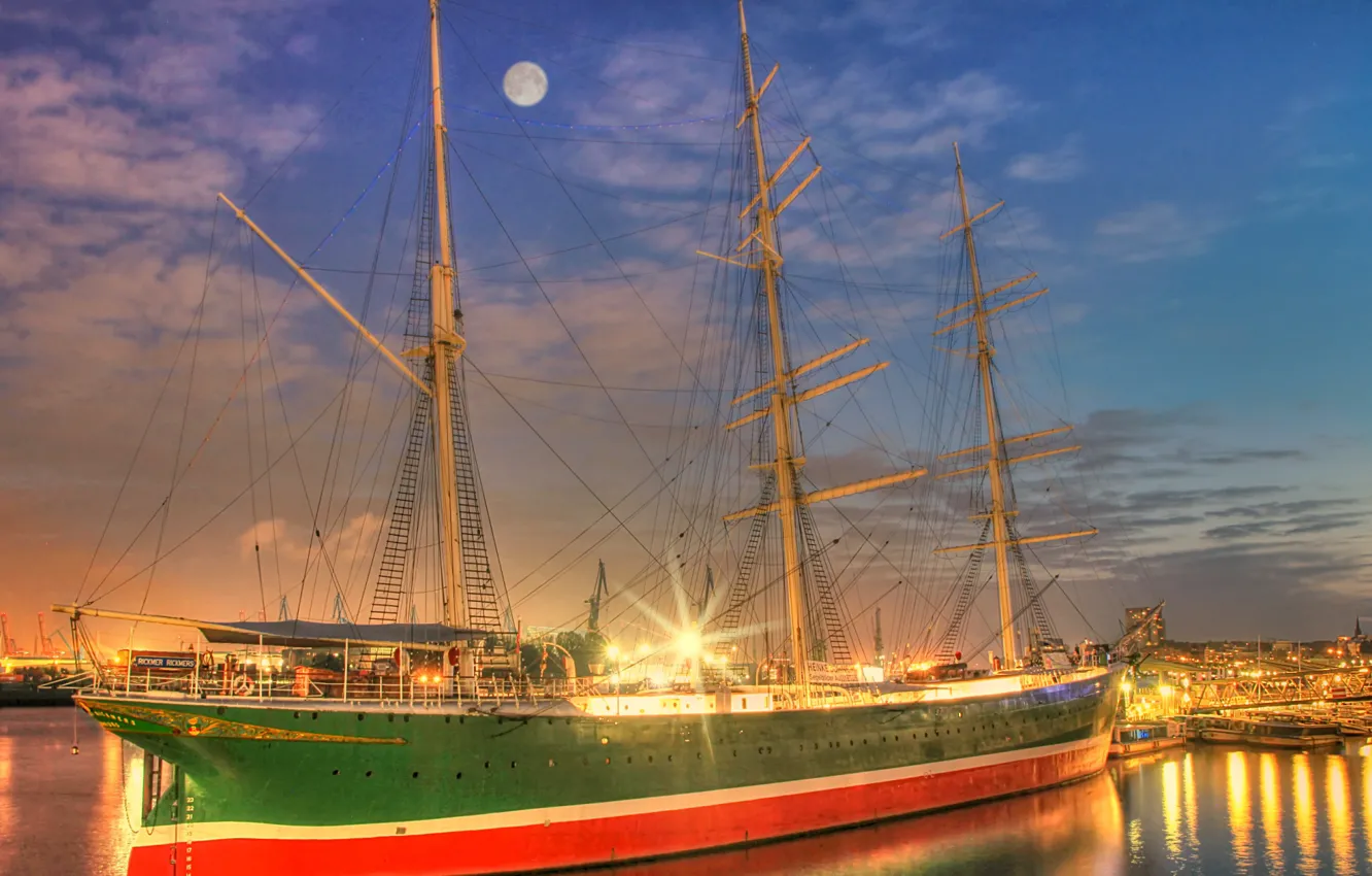 Фото обои ночь, Гамбург, барк, Rickmer Rickmers