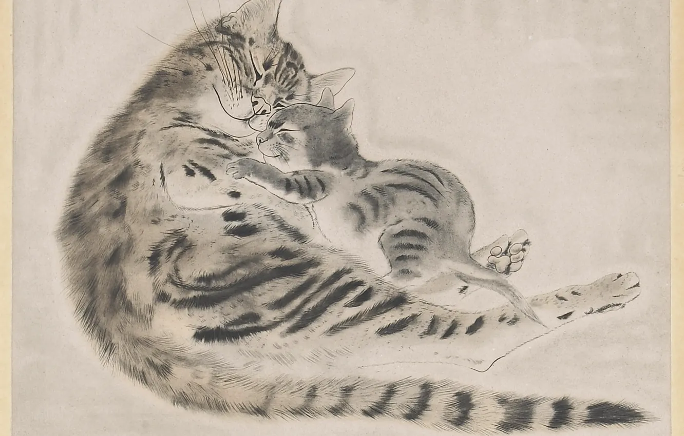 Фото обои доброта, нежность, 1929, Цугухару, Фудзита, офорт и акватинта в цвете, Кошка и котенок