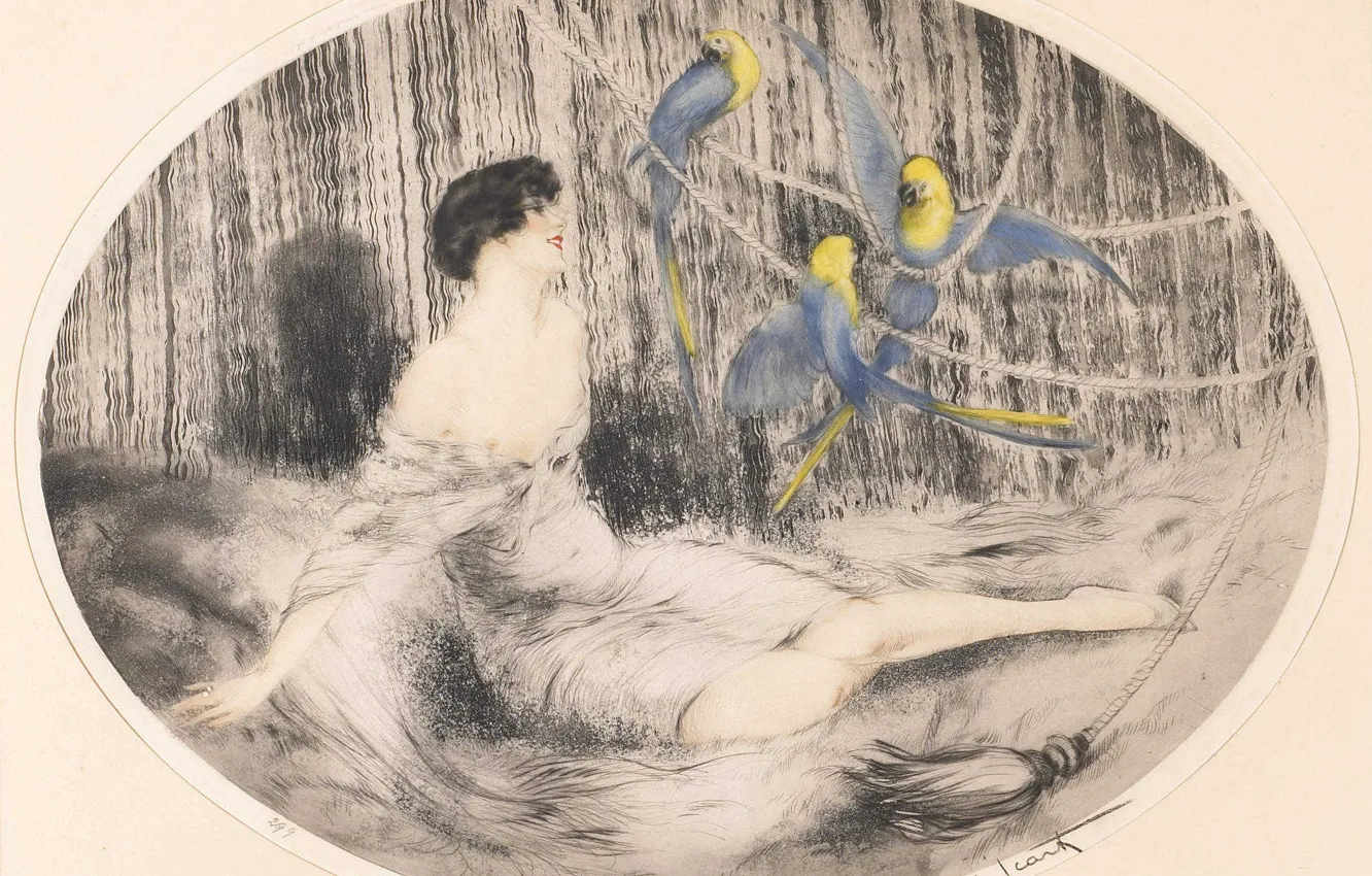 Фото обои Попугаи, 1925, Louis Icart, арт-деко, офорт и акватинта