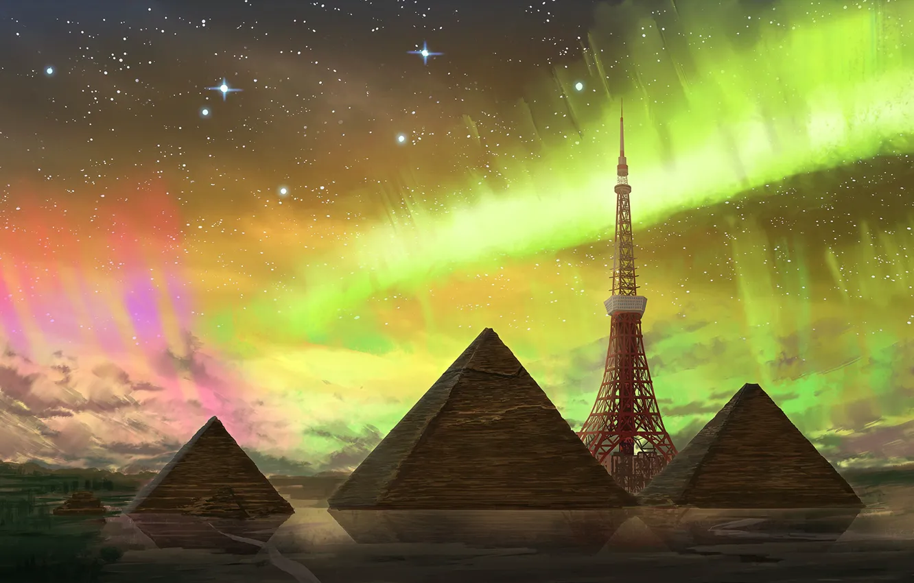 Фото обои северное сияние, фэнтези, пирамиды, токийская башня